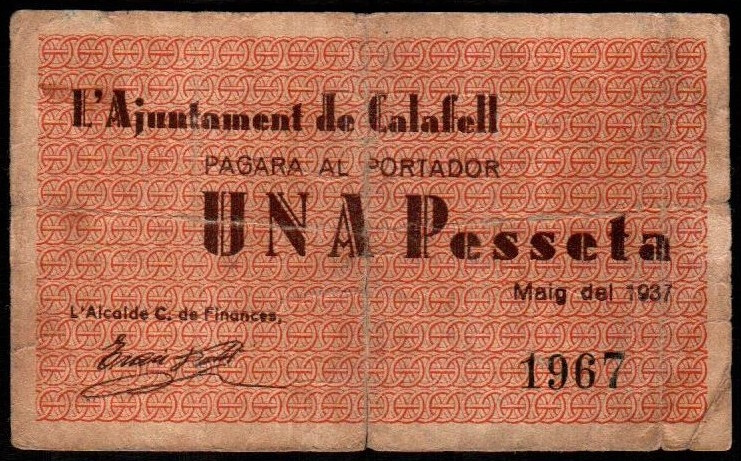 Calafell, Tarragona. Ayuntamiento. Mayo de 1937. 1 peseta. Sin serie. G137; T686...