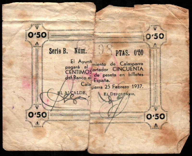 Calasparra, Murcia. Ayuntamiento. 25 de febrero de 1937. 0'50 pesetas. 1ª emisió...