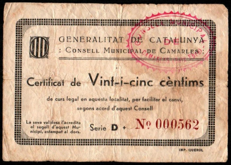 Camarles, Tarragona. Consejo Municipal. 25 céntimos. Serie D. Numeración no alta...