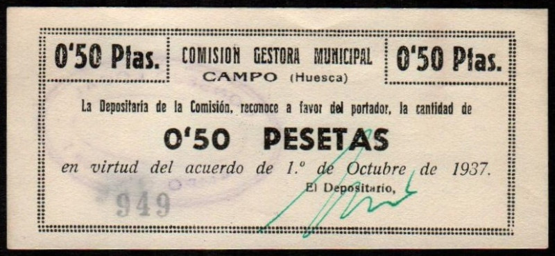 Campo, Huesca. Comisión Gestora. 1 de octubre de 1937. 0'50 pesetas. G223; M421D...