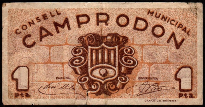 Camprodon, Girona. Consejo Municipal. 1 peseta. Sin serie. G152; T737; M428B. Al...