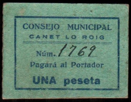 Canet lo Roig, Castellón. Consejo Municipal. 1 peseta. Sin serie. G232; M435B (2...