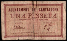 Cantallops, Girona. Ayuntamiento. 1 peseta. Serie A. Numeración baja 231. Escaso