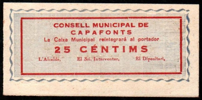 Capafonts, Tarragona. Consejo Municipal. 25 céntimos. Serie C. G760 (RRR); M444A...