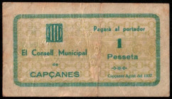 Capçanes, Tarragona. Consejo Municipal. 1 peseta. Numeración no muy alta 681