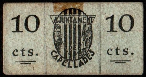 Capellades, Barcelona. Ayuntamiento. 27 de septiembre de 1937. 10 céntimos. Sin ...
