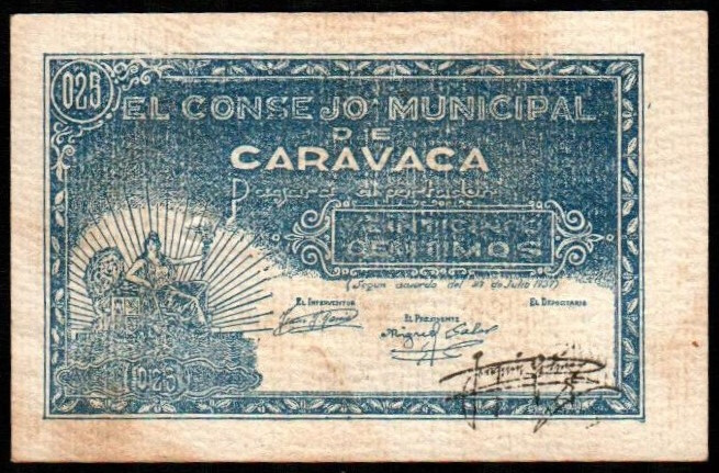 Caravaca, Murcia. Consejo Municipal. 27 de julio de 1937. 25 céntimos. 2ª emisió...