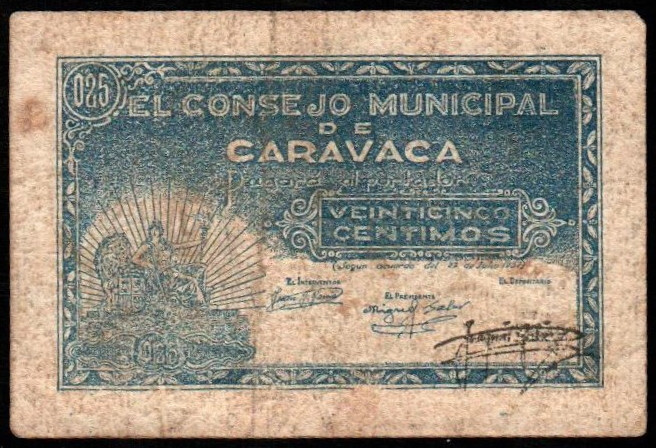 Caravaca, Murcia. Consejo Municipal. 27 de julio de 1937. 25 céntimos. 2ª emisió...