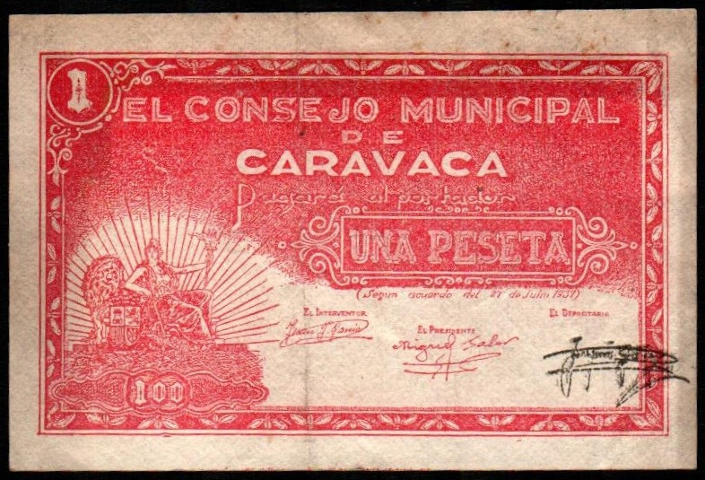 Caravaca, Murcia. Consejo Municipal. 27 de julio de 1937. 1 peseta. 2ª emisión. ...