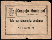 Carcagente, Valencia. Consejo Municipal. 50 céntimos. Raro