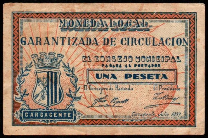 Carcagente, Valencia. Consejo Municipal. Julio de 1937. 1 peseta. 2ª emisión. Si...