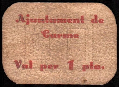 Carme, Barcelona. Ayuntamiento. 1 peseta. Sin serie. Numeración muy baja 006. G1...