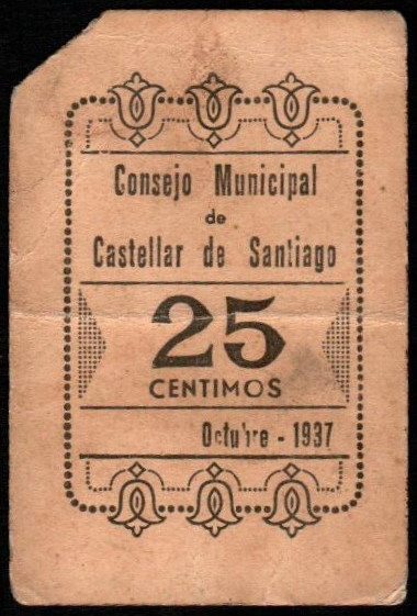 Castellar de Santiago, Ciudad Real. Consejo Municipal. Octubre de 1937. 25 cénti...