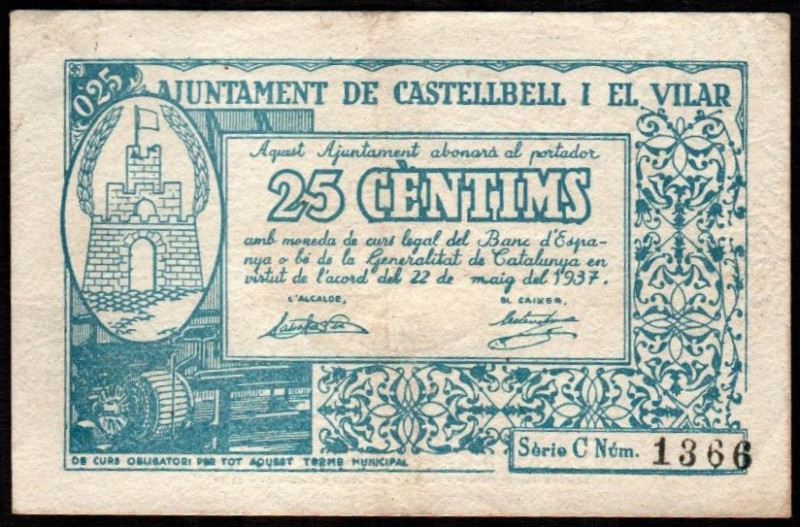 Castellbell i el Vilar, Barcelona. Ayuntamiento. Mayo de 1937. 25 céntimos. 1ª e...