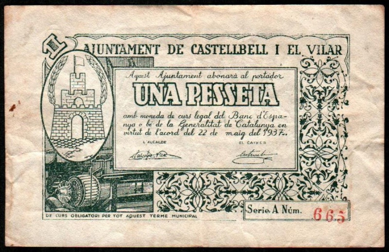 Castellbell i el Vilar, Barcelona. Ayuntamiento. Mayo de 1937. 1 peseta. 1ª emis...