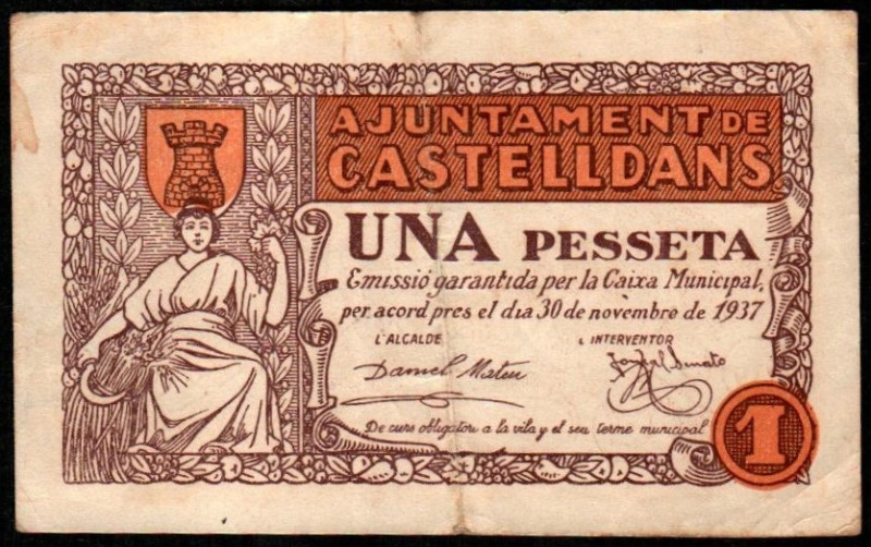 Castelldans, Lleida. Ayuntamiento. 30 de noviembre de 1937. 1 peseta. 2ª emisión...