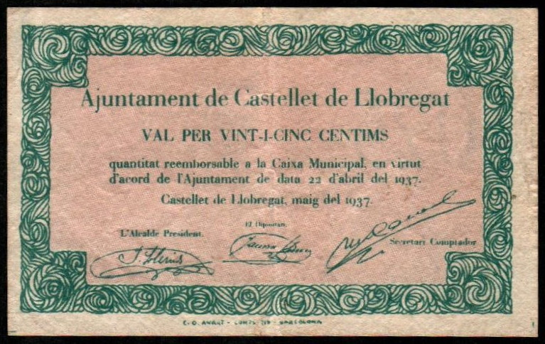 Castellet de Llobregat, Barcelona. Ayuntamiento. Mayo de 1937. 25 céntimos. 1ª e...