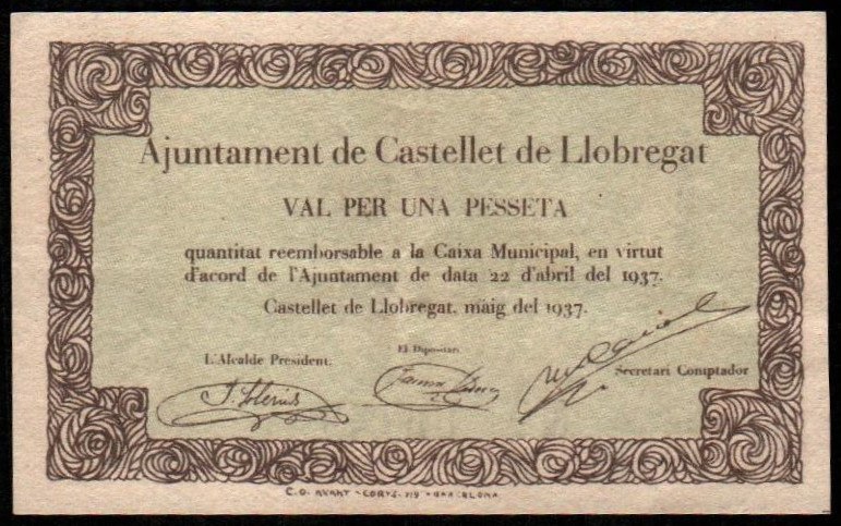 Castellet de Llobregat, Barcelona. Ayuntamiento. Mayo de 1937. 1 peseta. 1ª emis...
