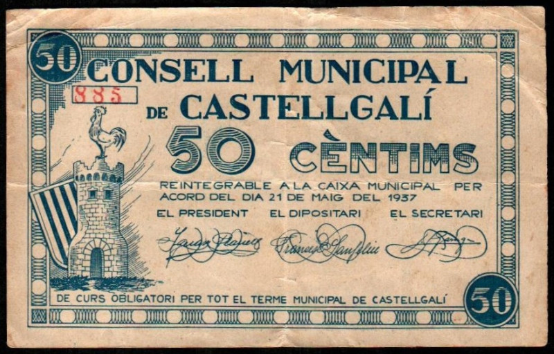 Castellgalí, Barcelona. Consejo Municipal. Mayo de 1937. 50 céntimos. 1ª emisión...