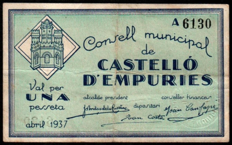 Castelló d’Empuries, Girona. Consejo Municipal. Abril de 1937. 1 peseta. Serie A...