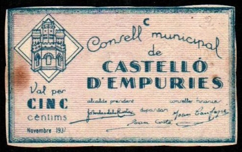 Castelló d’Empuries, Girona. Consejo Municipal. Noviembre de 1937. 5 céntimos. G...