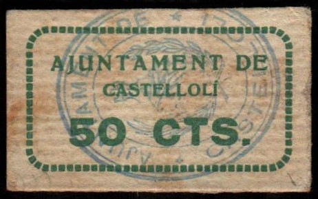 Castellolí, Barcelona. Ayuntamiento. 50 céntimos. G182; T877; M494A. MBC+ o algo...