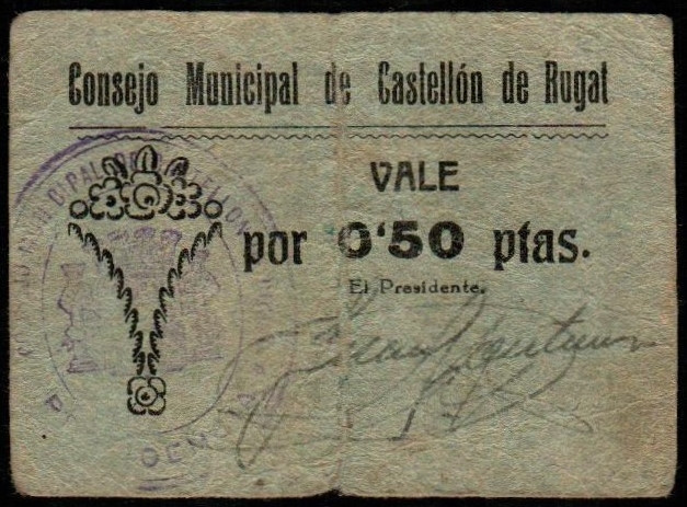 Castellón de Rugat, Valencia. Consejo Municipal. 0´50 pesetas. G no cita; M495A ...