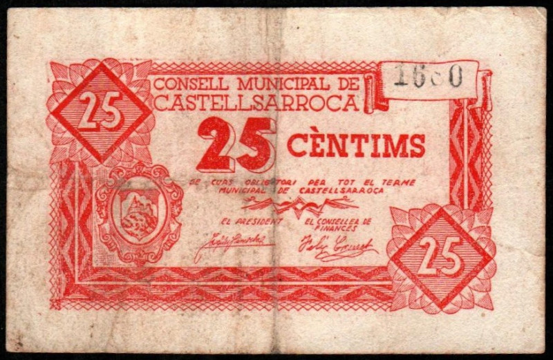 Castellsarroca, Tarragona. Consejo Municipal. 25 céntimos. Sin serie. G183; T885...