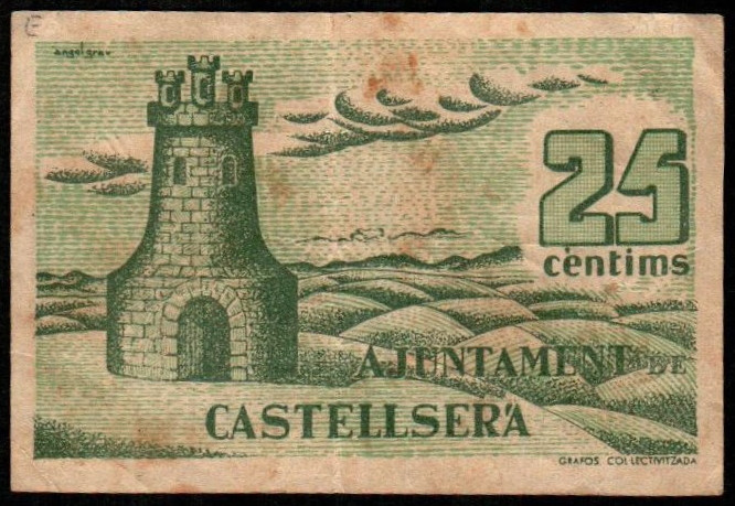 Castellserá, Lleida. Ayuntamiento. 25 céntimos. 2ª emisión. Sin serie. Numeració...