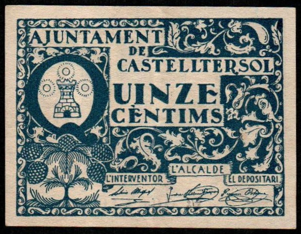 Castelltersol, Barcelona. Ayuntamiento. 15 céntimos. Sin serie. G185; T893; M499...
