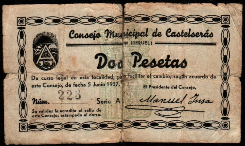 Castelserás, Teruel. Consejo Municipal. 5 de junio de 1937. 2 pesetas. Serie A. ...
