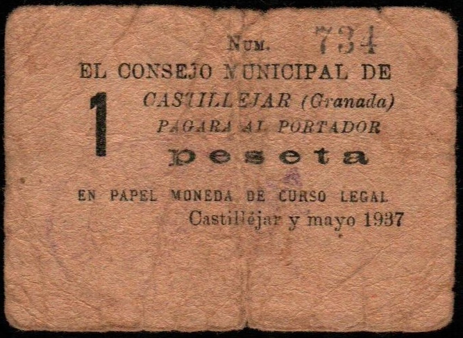 Castillejar, Granada. Consejo Municipal. Mayo de 1937. 1 peseta. Sin serie. G no...
