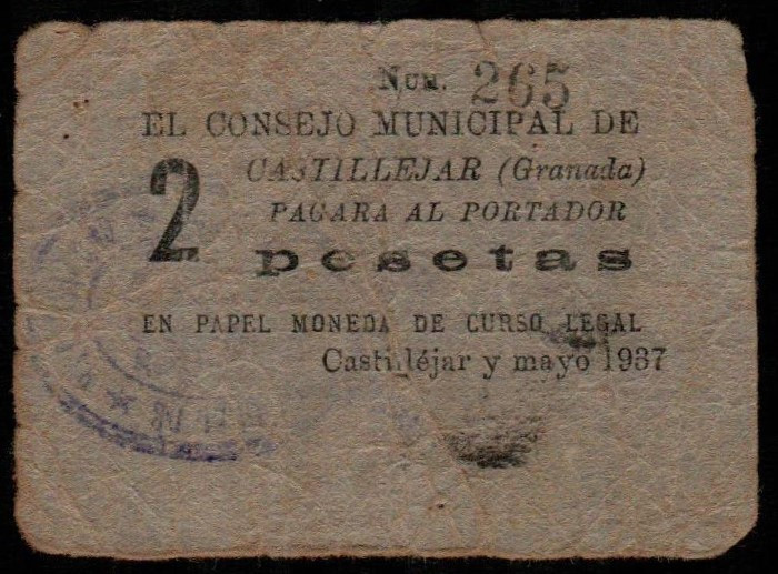 Castillejar, Granada. Consejo Municipal. Mayo de 1937. 2 pesetas. Sin serie. G n...
