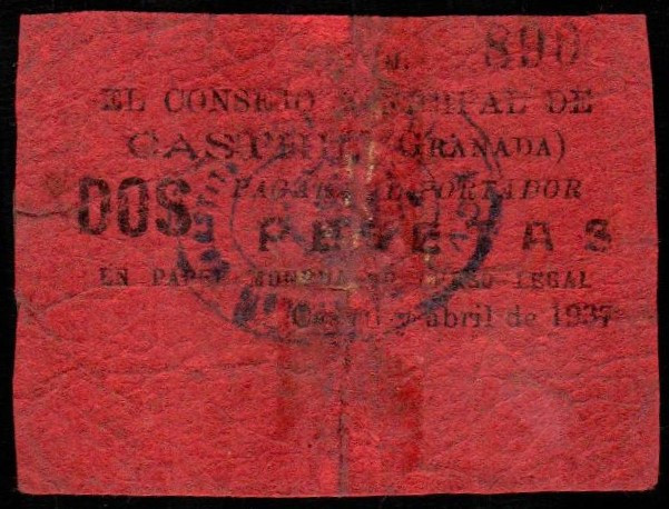 Castril, Granada. Consejo Municipal. Abril de 1937. 2 pesetas. Sin serie. G y M ...