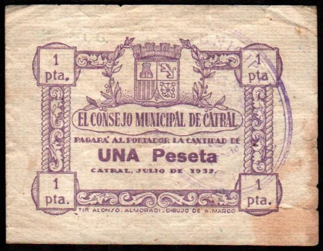 Catral, Alicante. Consejo Municipal. Julio de 1937. 1 peseta. 2ª emisión. Sin se...