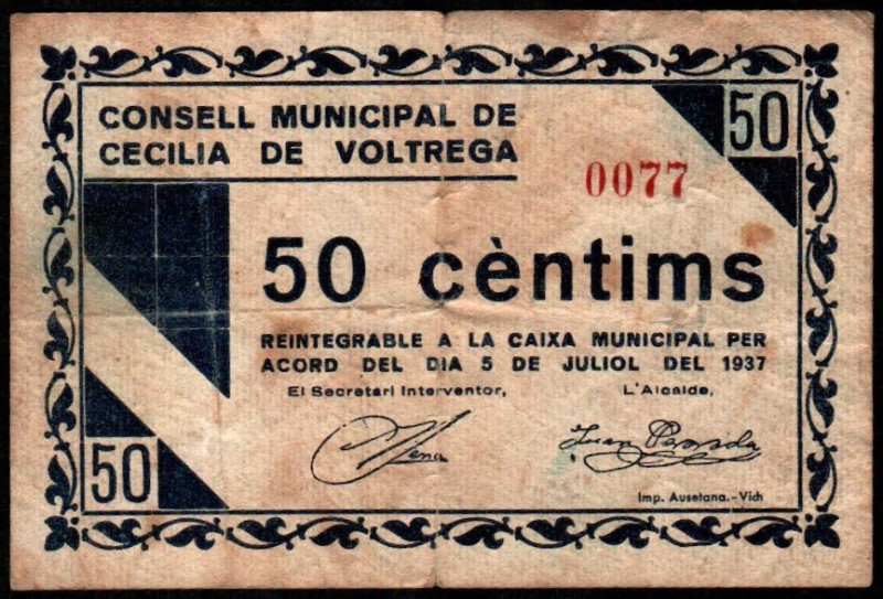 Cecilia de Voltrega, Barcelona. Consejo Municipal. 5 de julio de 1937. 50 céntim...