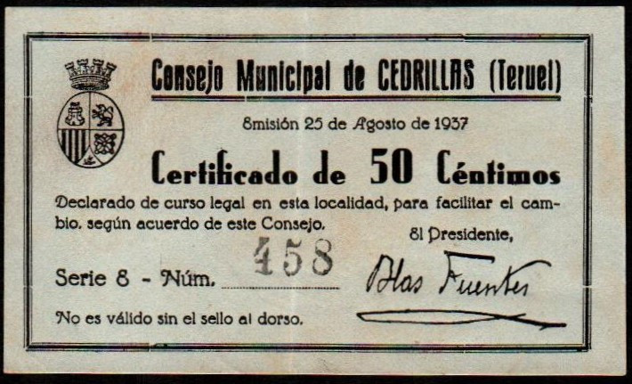 Cedrillas, Teruel. Consejo Municipal. 25 de agosto de 1937. 50 céntimos. Serie E...