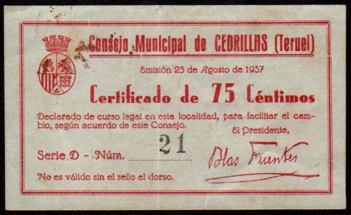 Cedrillas, Teruel. Consejo Municipal. 25 de agosto de 1937. 75 céntimos. Serie D...