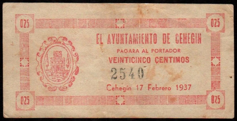 Cehegín, Albacete. Ayuntamiento. 17 de febrero de 1937. 25 céntimos. Sin serie. ...
