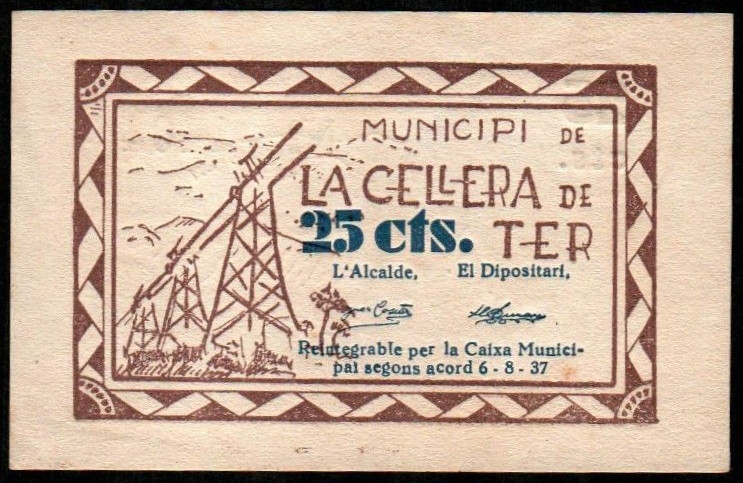 Cellera de Ter, Girona. Municipio. Agosto de 1937. 25 céntimos. 2ª emisión. Sin ...