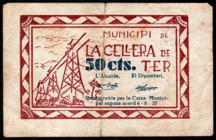 Cellera de Ter, Girona. Municipio. Agosto de 1937. 50 céntimos. 2ª emisión. Sin ...