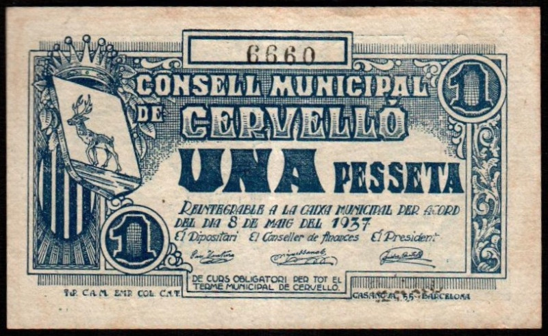 Cervelló, Barcelona. Consejo Municipal. Mayo de 1937. 1 peseta. Sin serie. G194;...