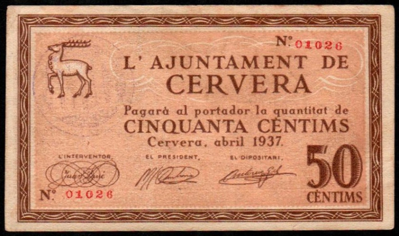 Cervera, Lleida. Ayuntamiento. Abril de 1937. 50 céntimos. 1ª emisión. Sin serie...