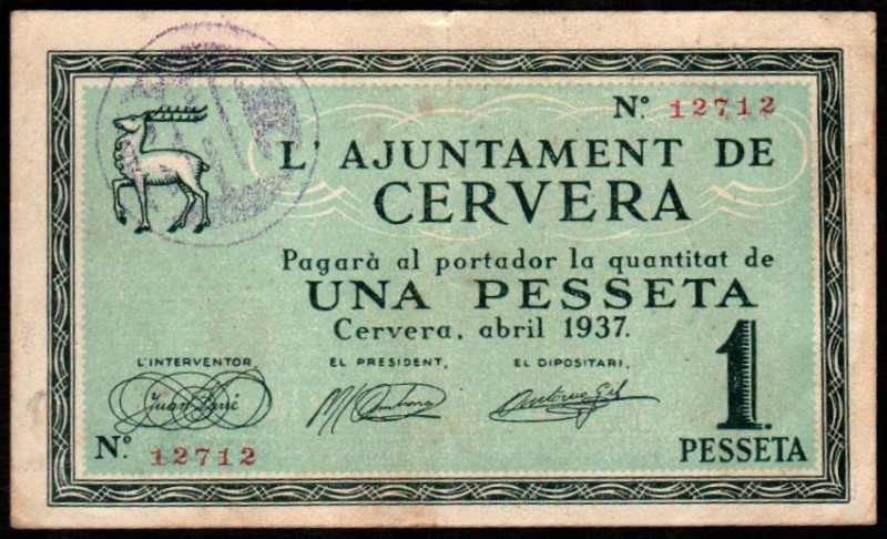 Cervera, Lleida. Ayuntamiento. Abril de 1937. 1 peseta. 1ª emisión. Sin serie. G...