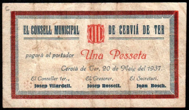 Cerviá de Ter, Girona. Consejo Municipal. 20 de mayo de 1937. 1 peseta. 1ª emisi...