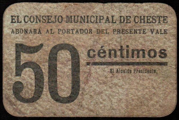 Cheste, Valencia. Consejo Municipal. 50 céntimos. G305; M528B (100-200€). Sucio....