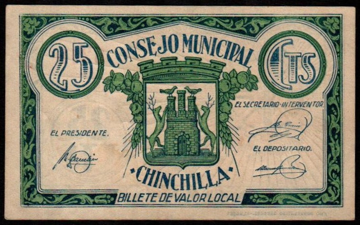 Chinchilla, Albacete. Consejo Municipal. 25 céntimos. Sin serie. G307; M531A. EB...