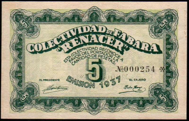 Fabara, Zaragoza. Colectividad "Renacer". 1937. 5 pesetas. 2ª emisión. Sin serie...