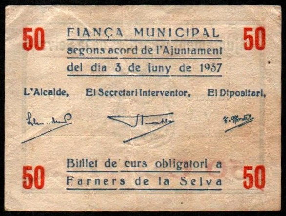 Farners de la Selva, Girona. Ayuntamiento. Junio de 1937. 50 céntimos. Sin serie...