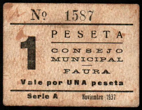 Faura, Valencia. Consejo Municipal. Noviembre de 1937. 1 peseta. 2ª emisión. Ser...